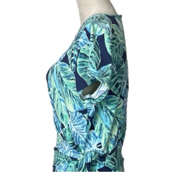 J. McLaughlin Midi T-shirt Dress Side Tie Green Blue Tropical Women’s Size Large - Picture 10 of 15